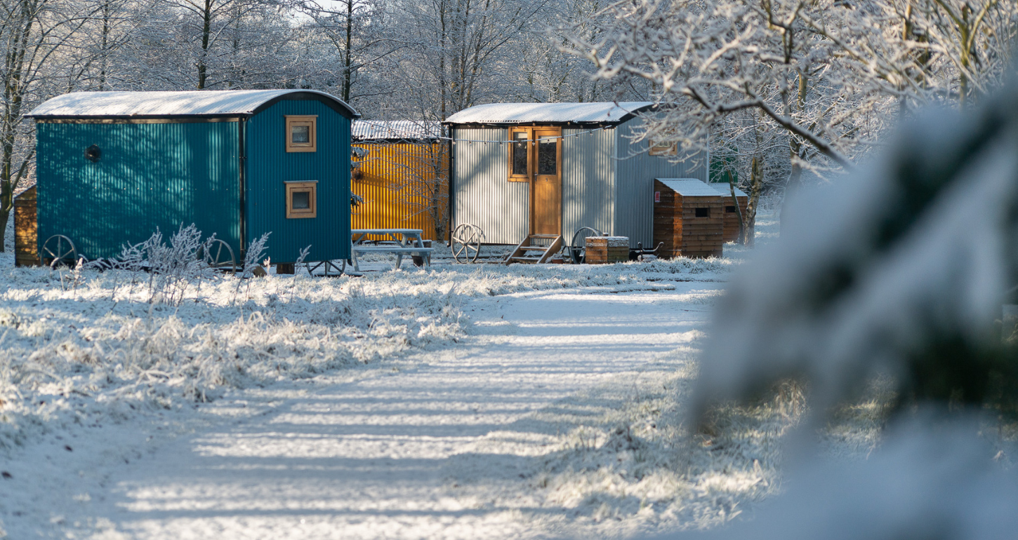 Samlesbury Hall Shepherd's Huts in Snow